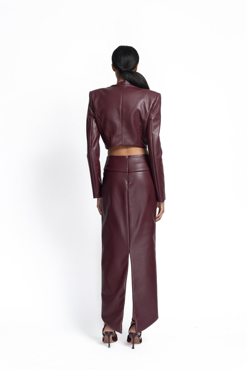Claret Vegan Leather Petal Hem Skirt Back