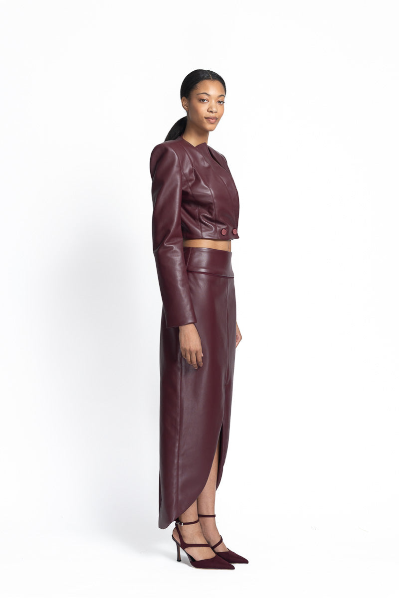 Claret Vegan Leather Petal Hem Skirt