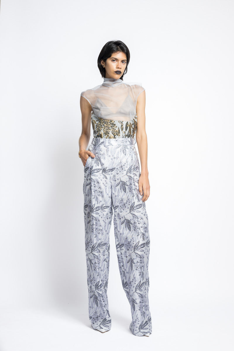 Bay Leaf Jacquard Wide Leg Pleated Trouser 3