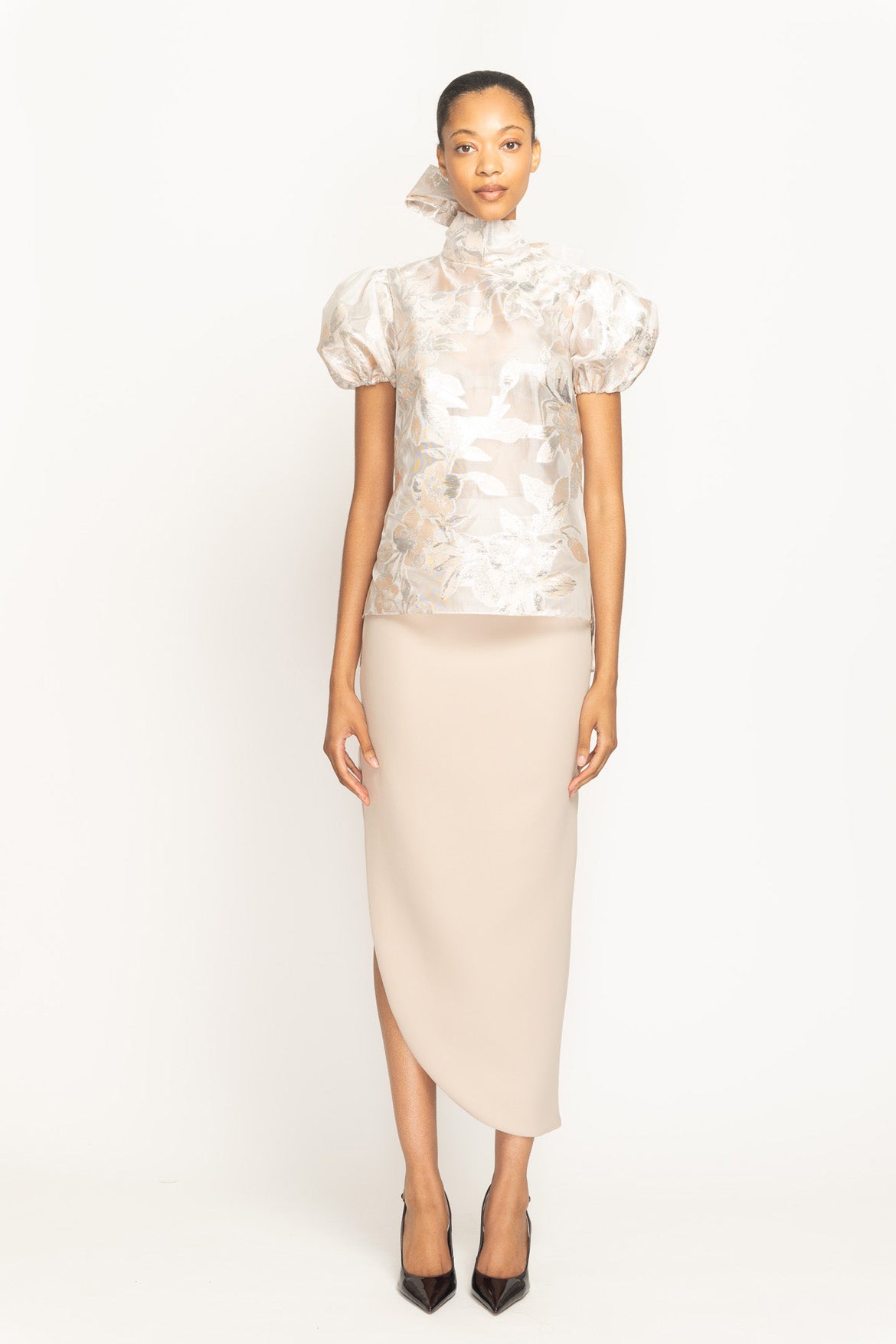 Botanical Organza Jacquard Puff Sleeve High Neck Top Front