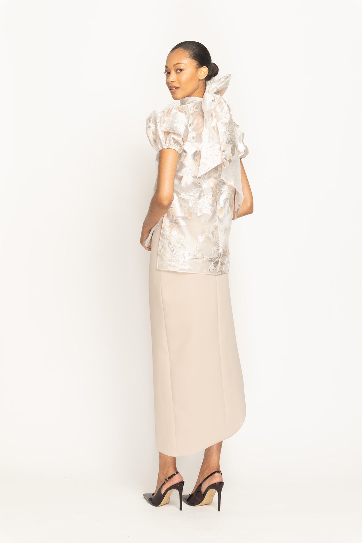 Botanical Organza Jacquard Puff Sleeve High Neck Top Side Two