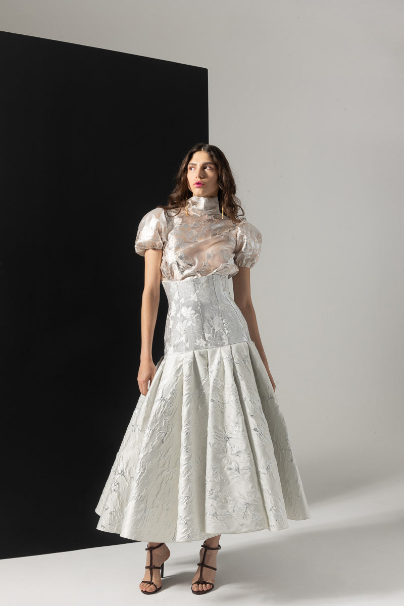 Whisper Bloom Jacquard Drop-Waist Pleated Swing Skirt Front Runway