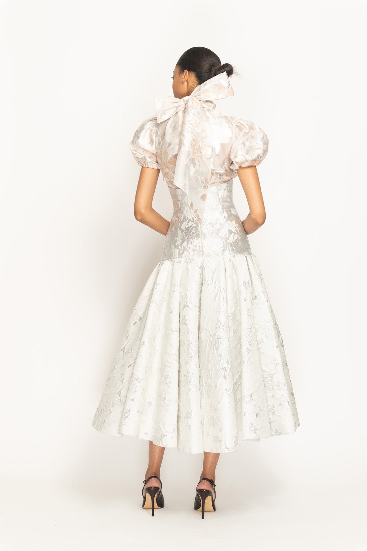 Whisper Bloom Jacquard Drop-Waist Pleated Swing Skirt Back