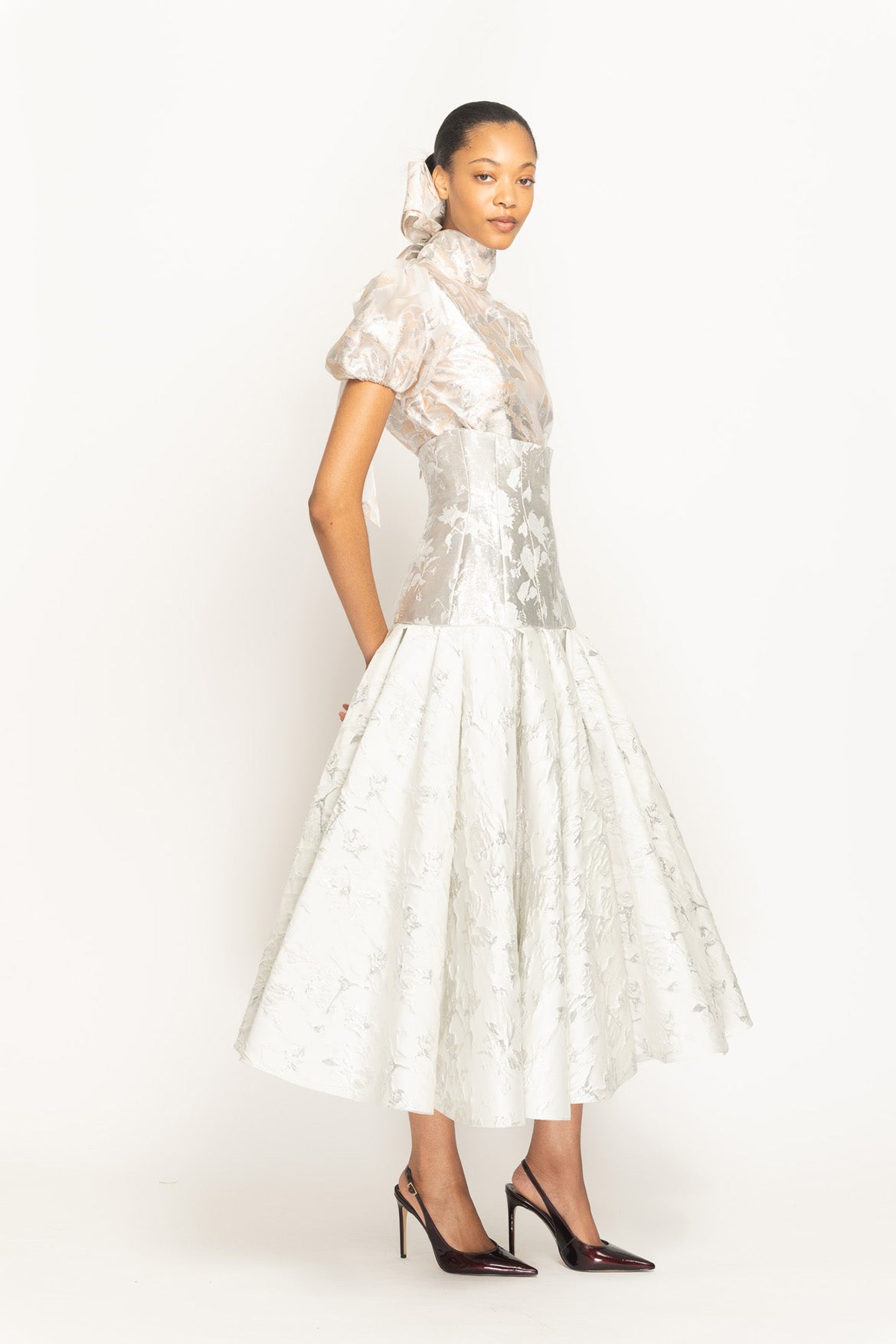 Whisper Bloom Jacquard Drop-Waist Pleated Swing Skirt Side One