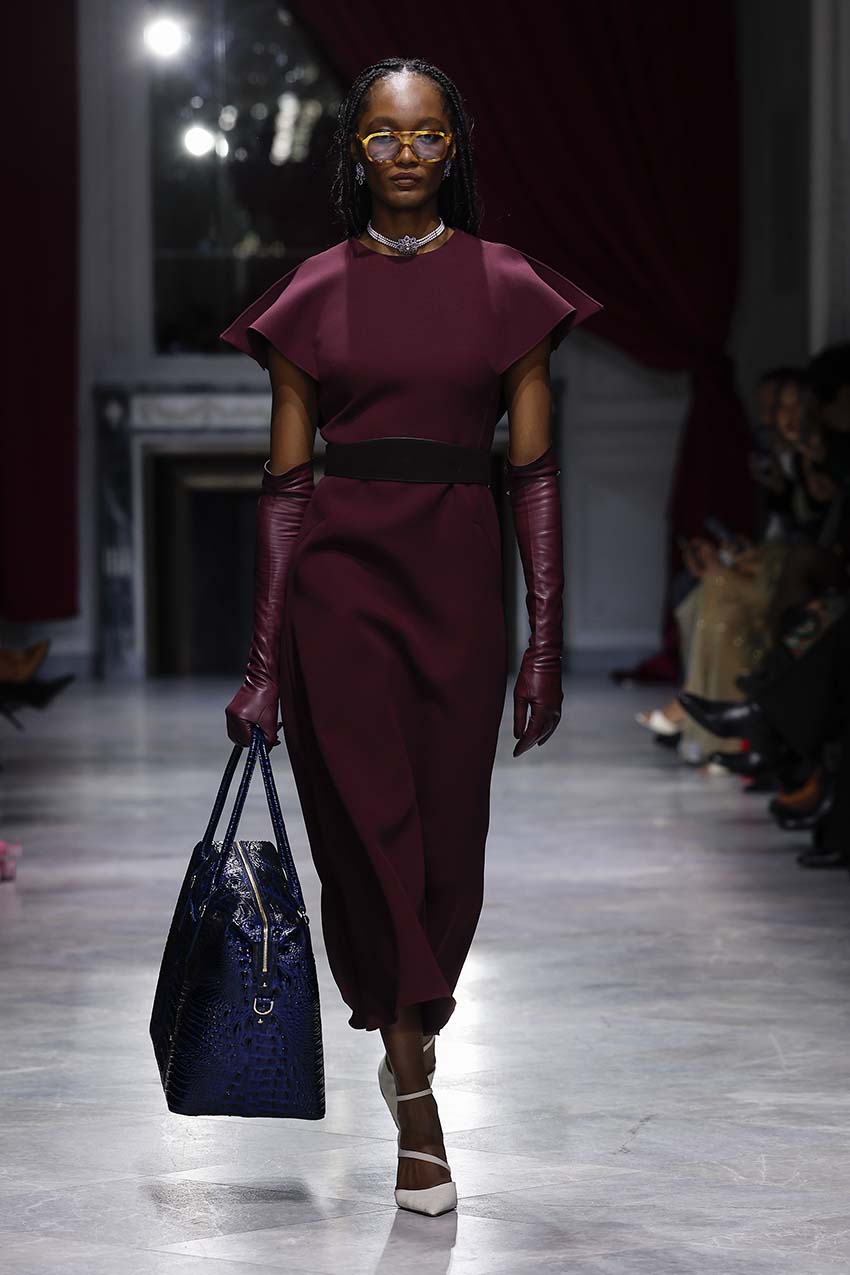Claret Cady Dress with Wing-Back Detail Front Runway