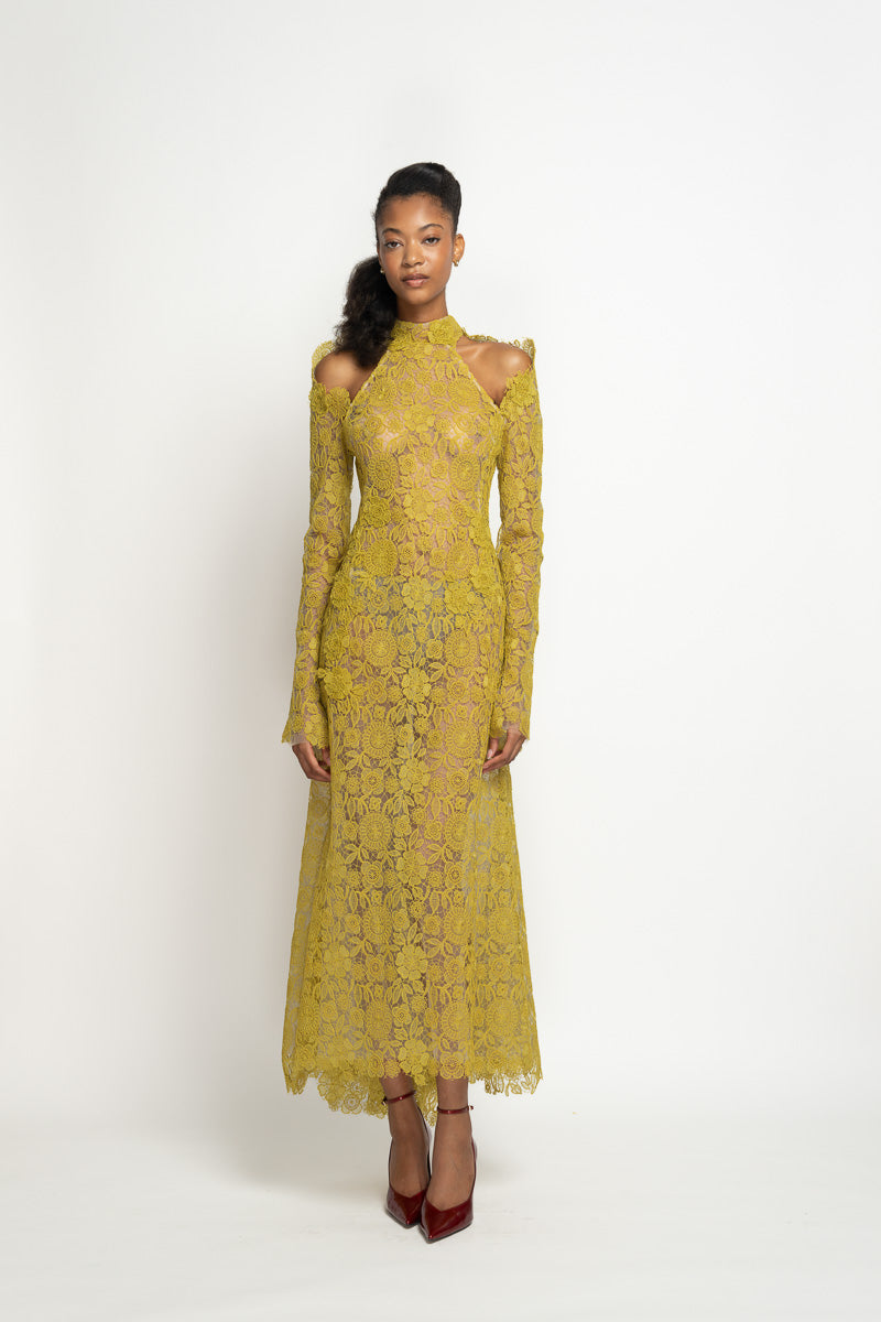 Chartreuse Smita Lace Halterneck Dress 2