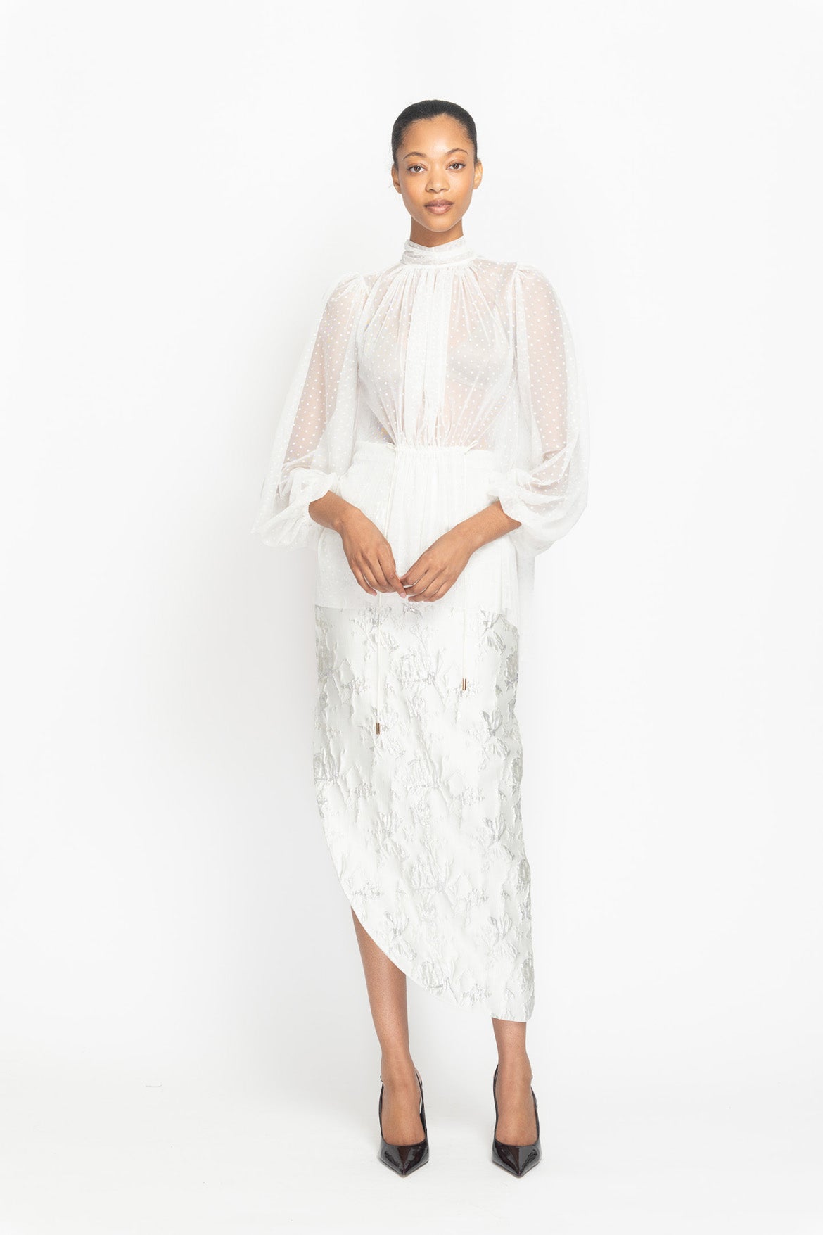 Ivory Point d’Esprit Blouse with Neck Tie Detail Front
