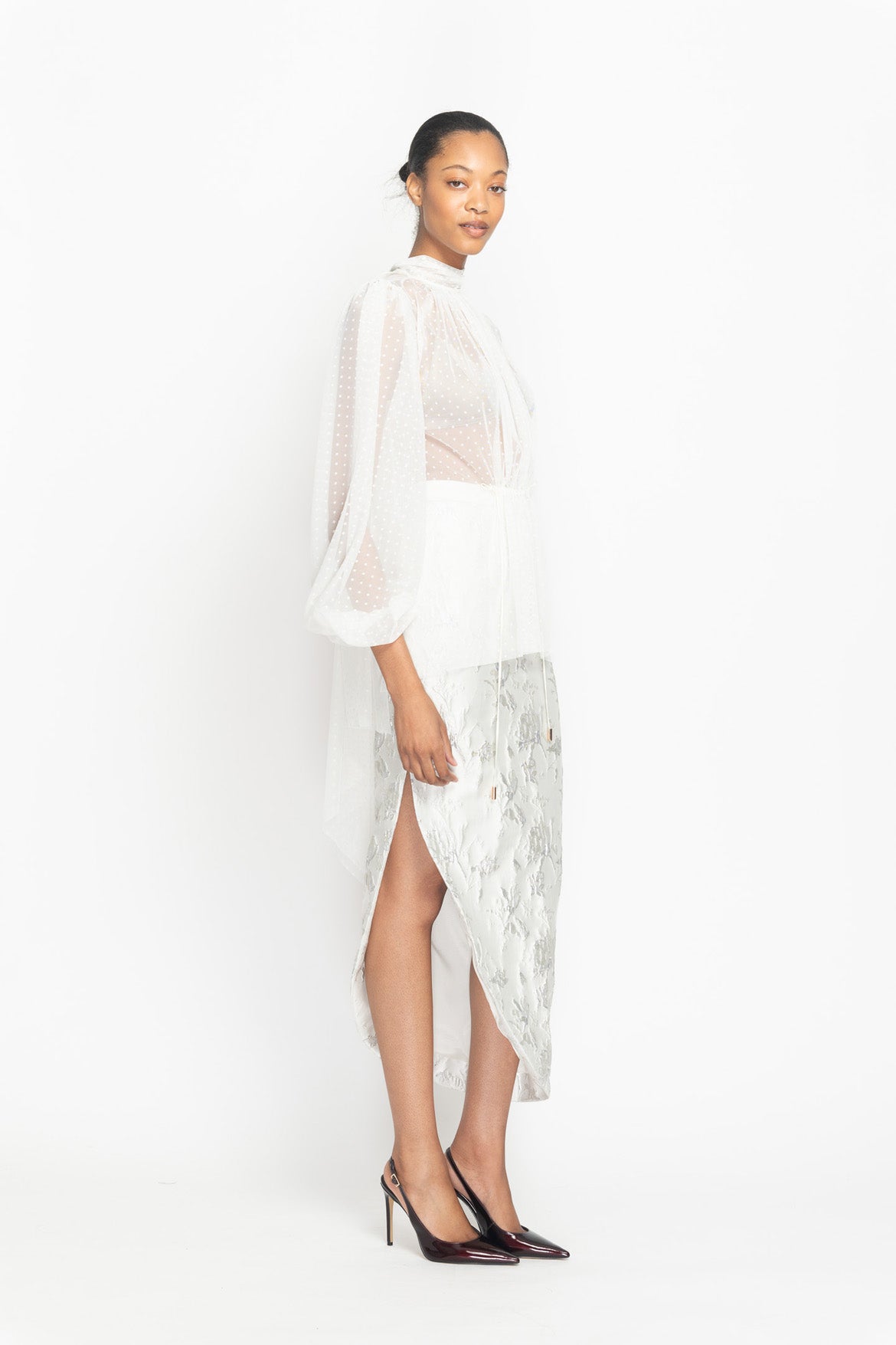 Ivory Point d’Esprit Blouse with Neck Tie Detail Side One