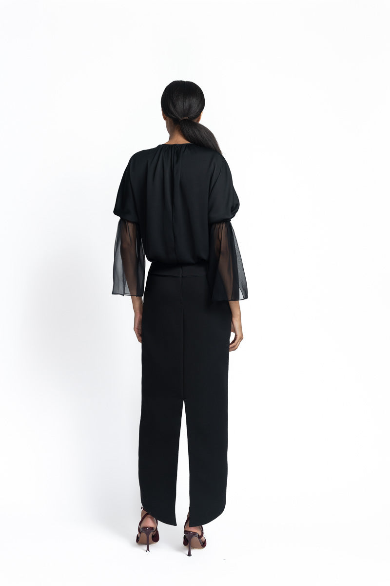 Onyx Satin Crepe and Cady Dress with Petal Hem Back