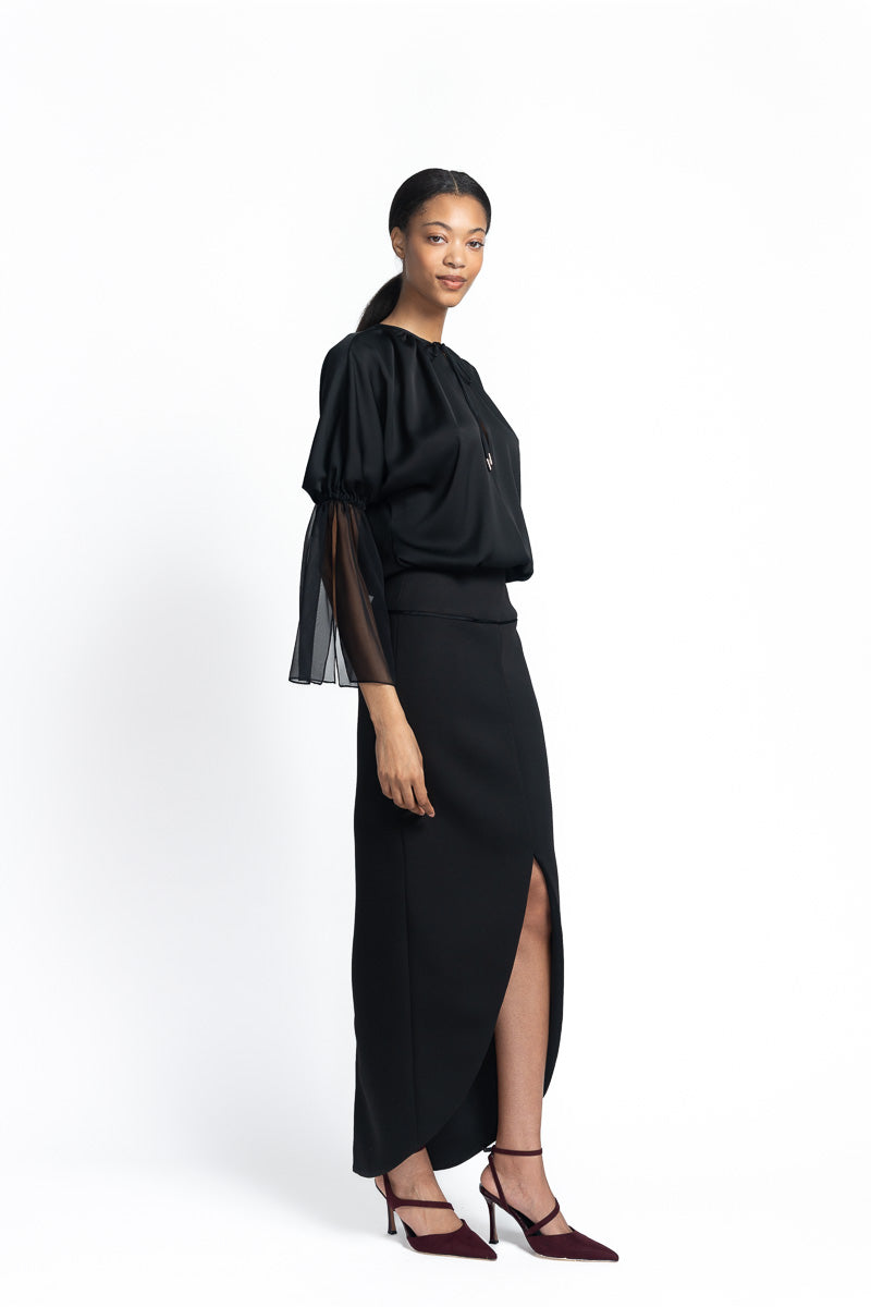 Onyx Satin Crepe and Cady Dress with Petal Hem Side One