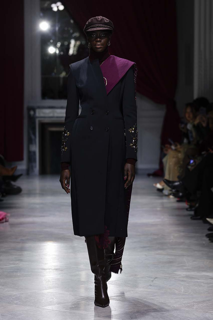 Claret Cashmere Scarf with Cosmic Embroidery Front Runway