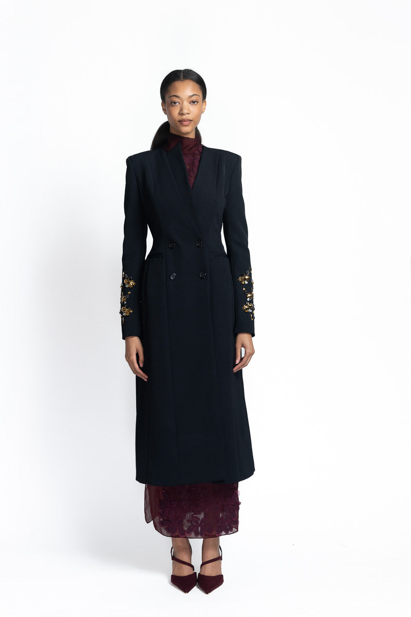 Onyx Wool Officer’s Coat with Jugnu Embroidery