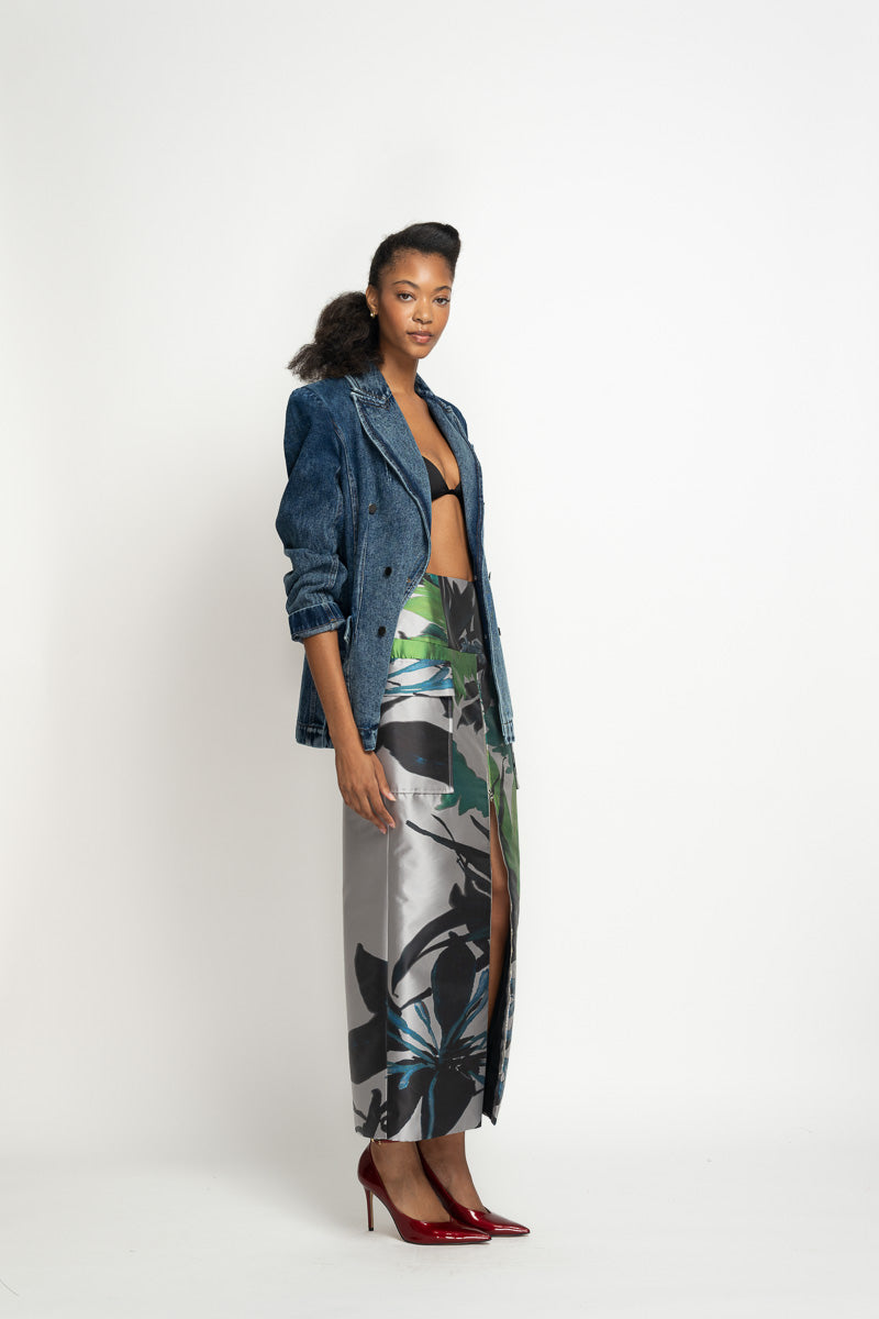 Silver Lata Print Barathea Cargo Pencil Skirt 4