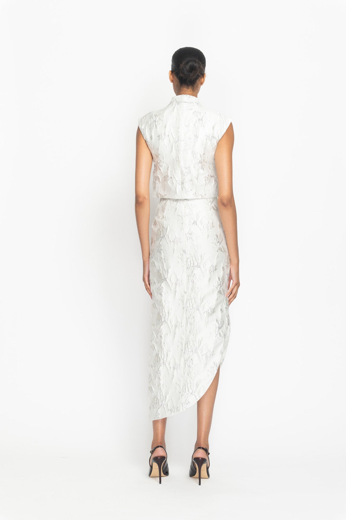 Whisper Bloom Jacquard Curved Hem Pencil Skirt Back