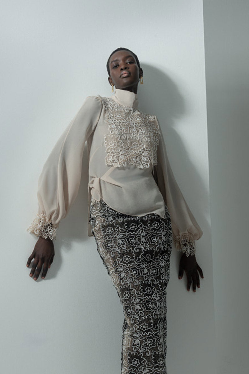 Almond Georgette Blouse with Belle Fleur Lace Bib