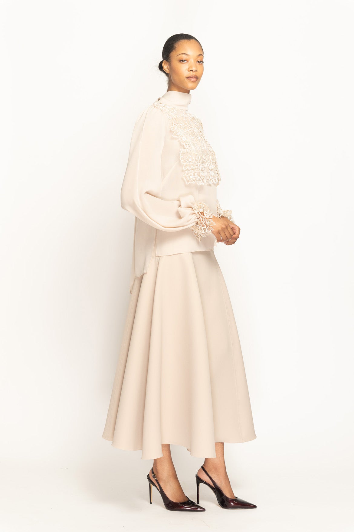Almond Georgette Blouse with Belle Fleur Lace Bib Side One