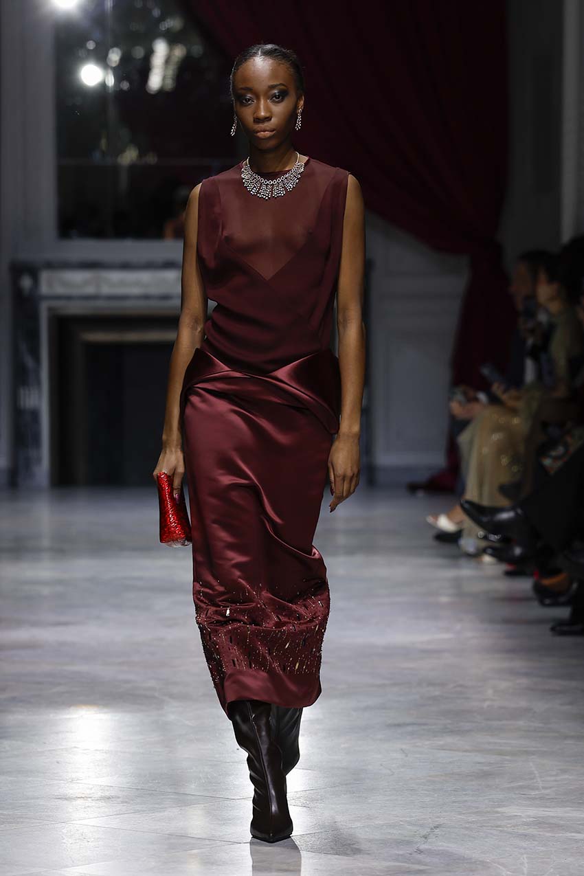 Claret Double Duchess Pencil Skirt with Varṣā Embroidery Front Runway