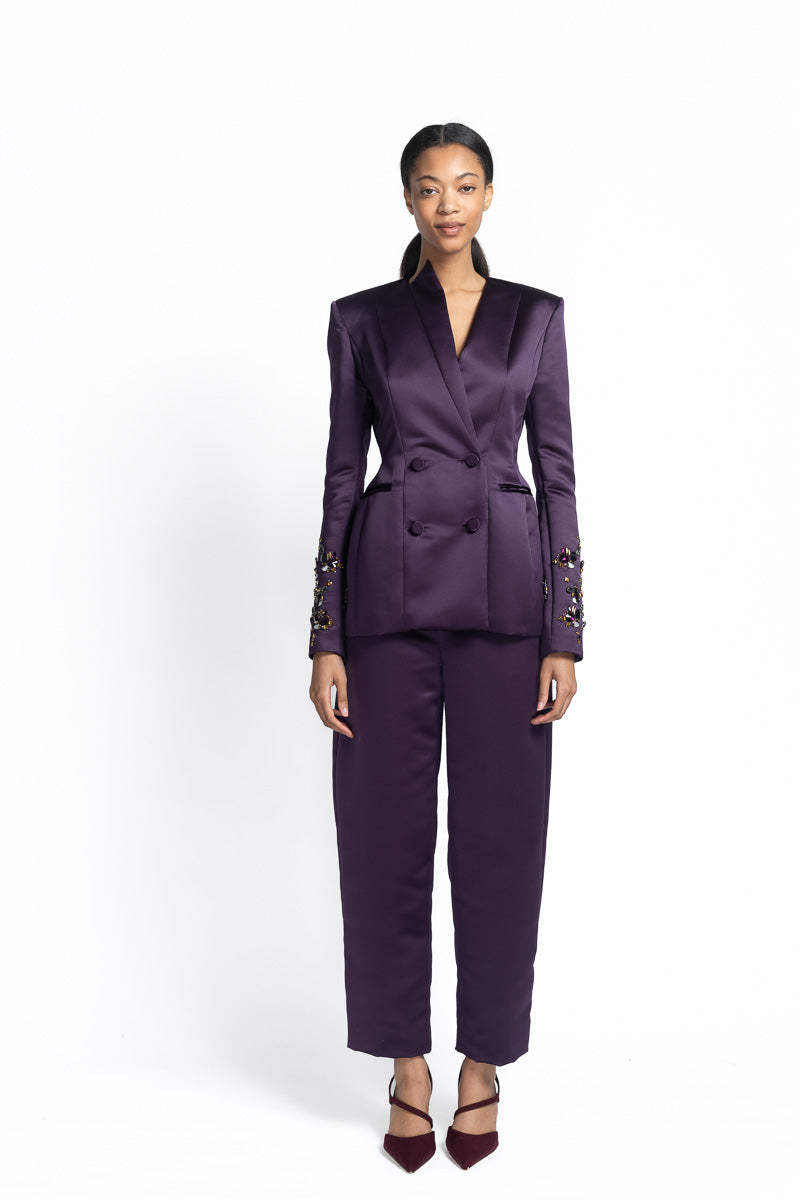 Amethyst Double Duchess Double-Breasted Jacket with Jugnu Embroidery Front