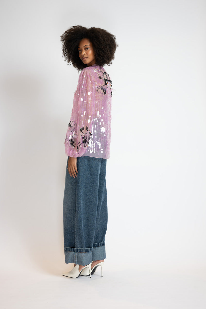Camellia Organza Poets Blouse With Glass Petal Embroidery 3