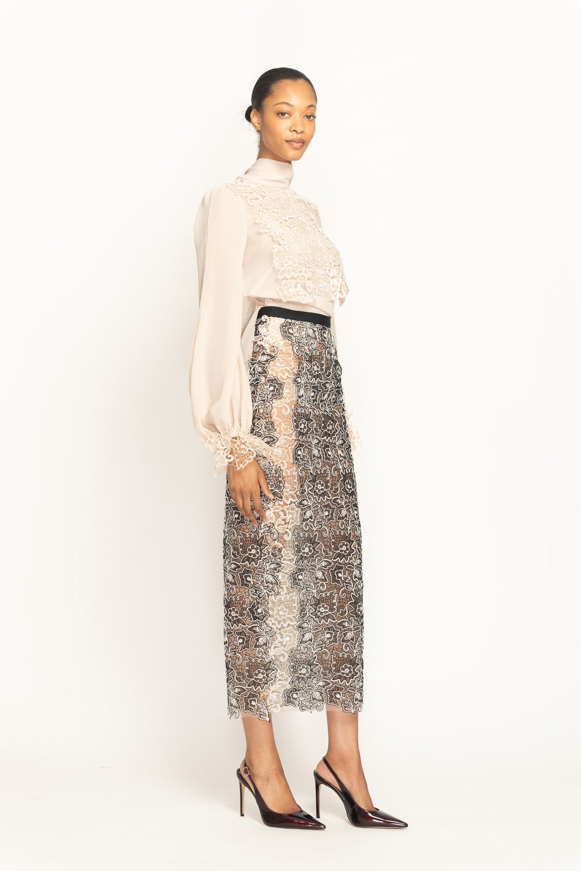 Color Blocked Belle Fleur Lace Pencil Skirt Side One