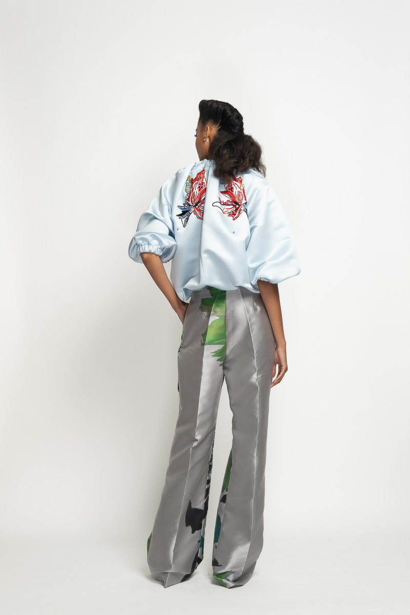 Lata Embroidered Aqua Double Face Duchess Cloud Bomber Jacket 4