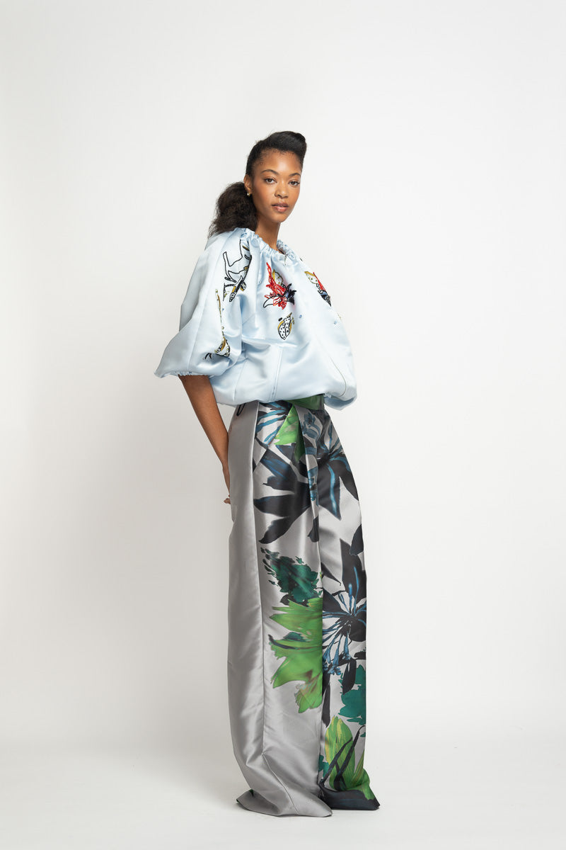 Lata Embroidered Aqua Double Face Duchess Cloud Bomber Jacket 2
