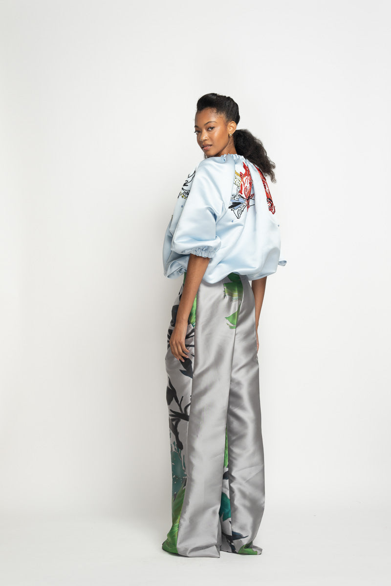 Lata Embroidered Aqua Double Face Duchess Cloud Bomber Jacket 3