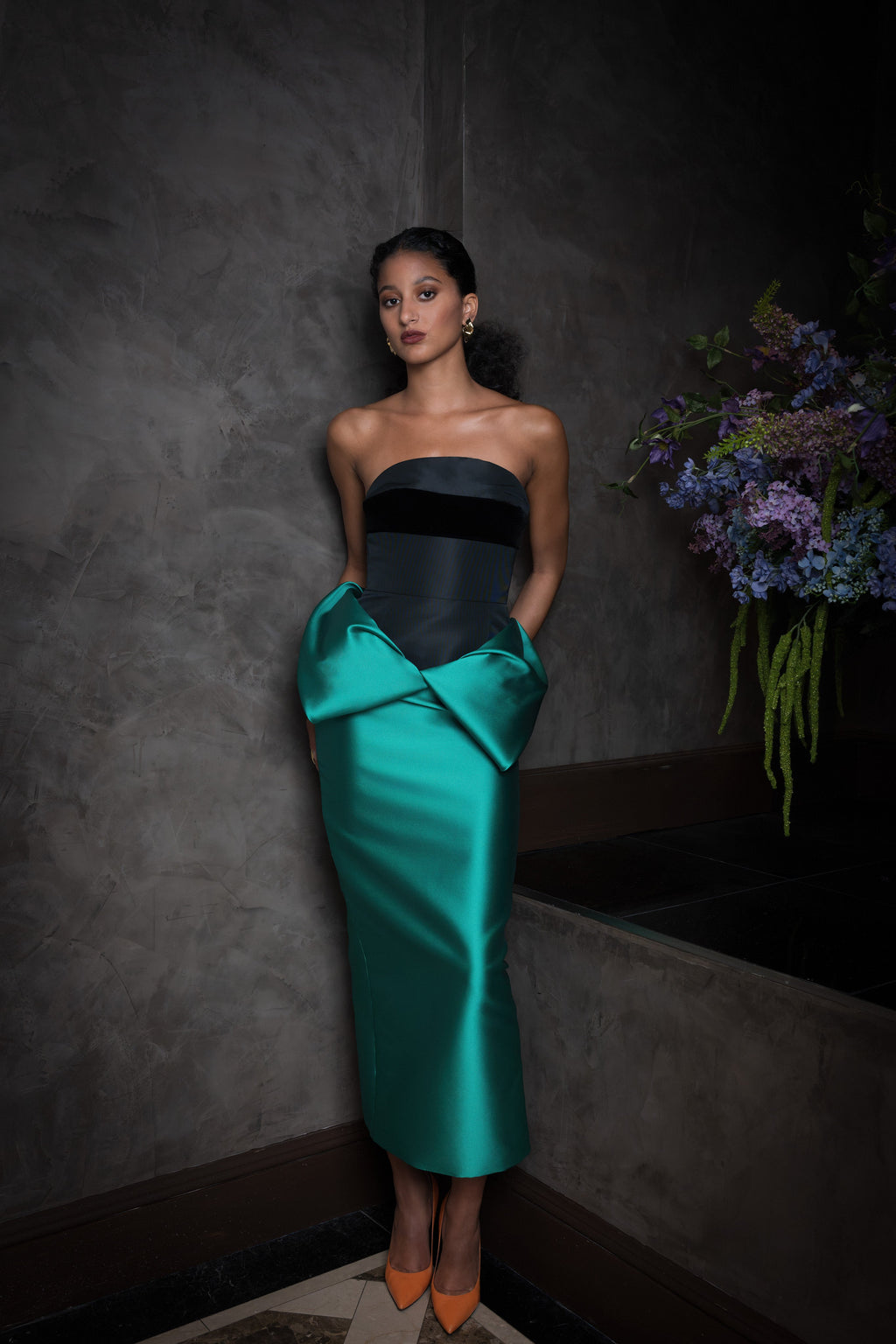 bustier cocktail dress Strapless Faille and Velvet with Lagoon Blue Mikado Petal Drape Skirt Royal Blue Satin Midi kendall2/13 up back Color:Dark Navy