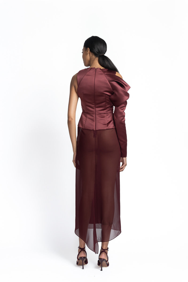 Claret Double Duchess Sheer Crepe Dress with Amrapali Sleeve Back