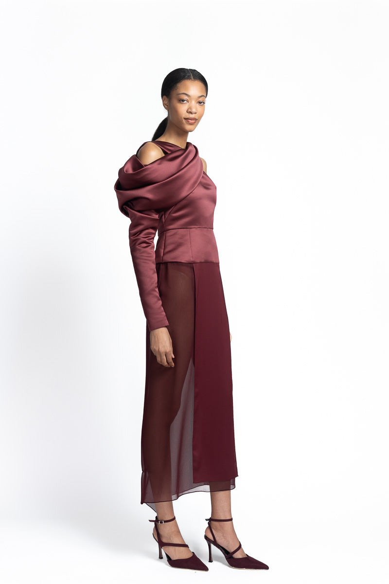 Claret Double Duchess Sheer Crepe Dress with Amrapali Sleeve Side One