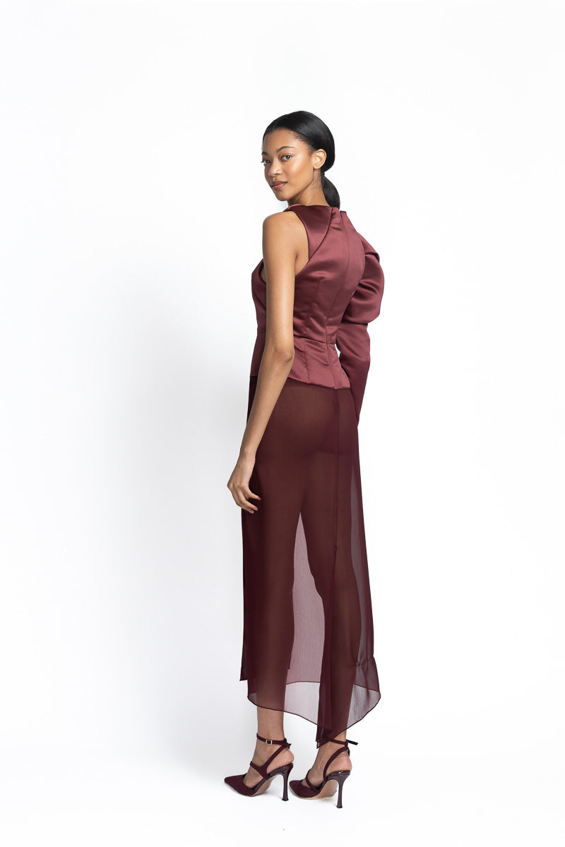 Claret Double Duchess Sheer Crepe Dress with Amrapali Sleeve Side Two