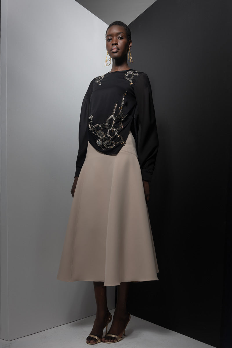 Onyx Hex Weave Embroidered Satin Crepe Blouse Front Runway