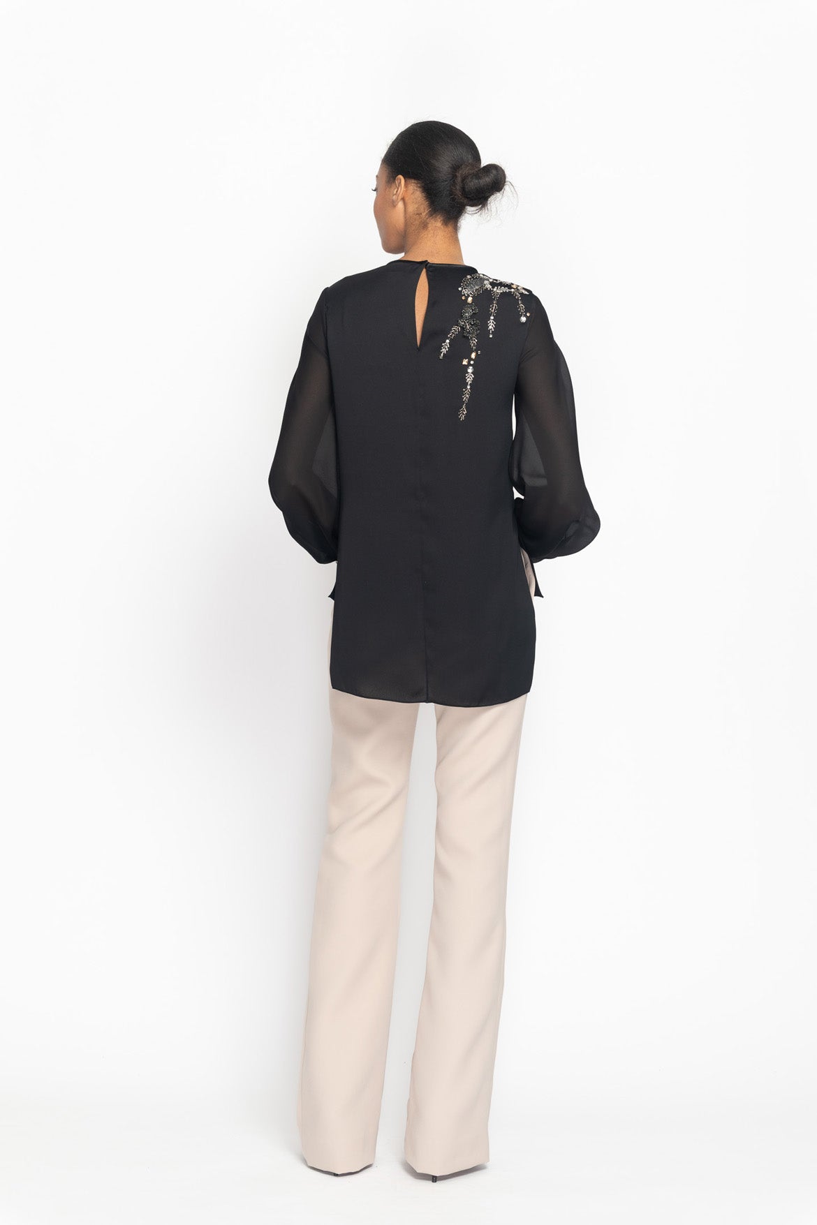 Onyx Hex Weave Embroidered Satin Crepe Blouse Back