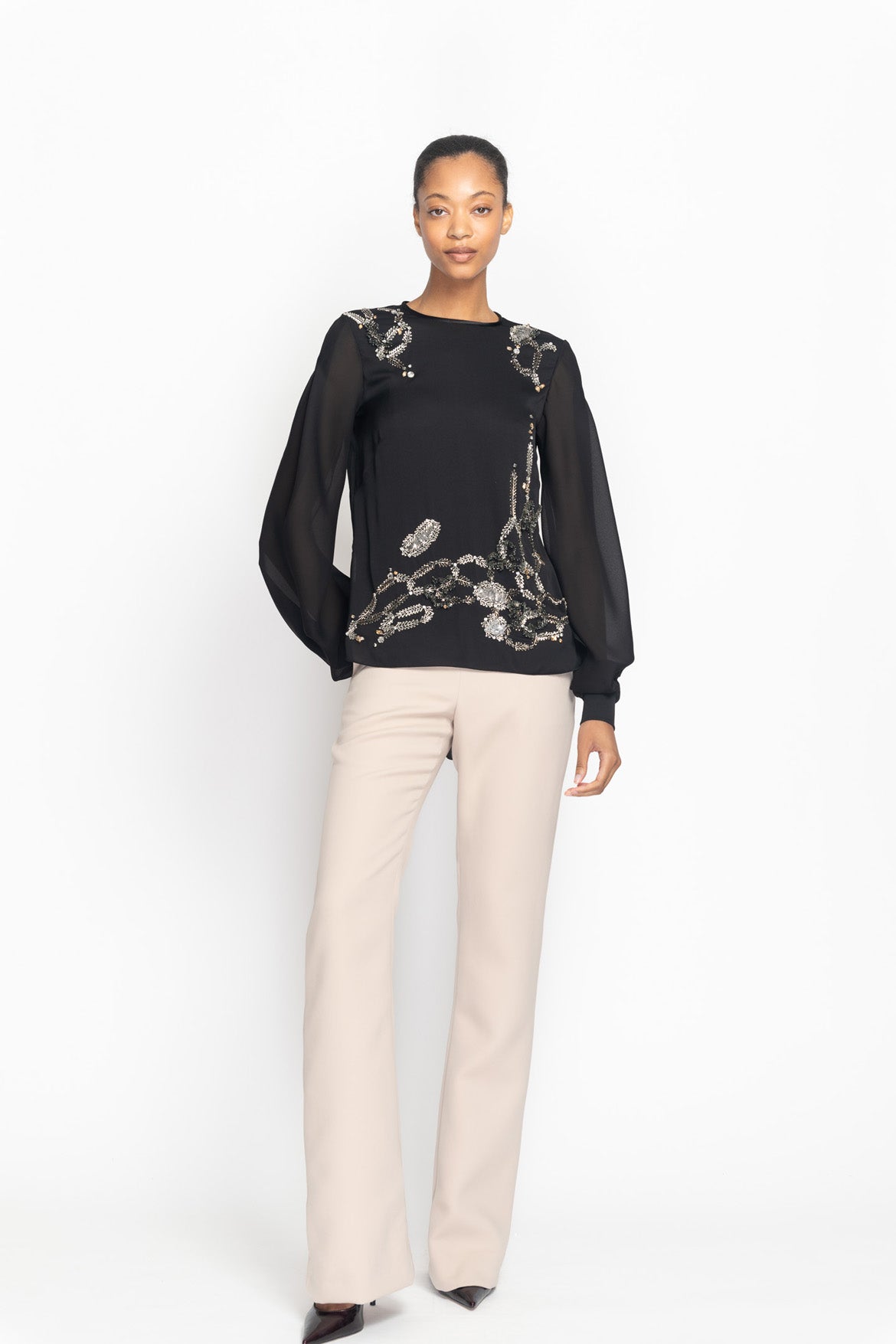 Onyx Hex Weave Embroidered Satin Crepe Blouse Front