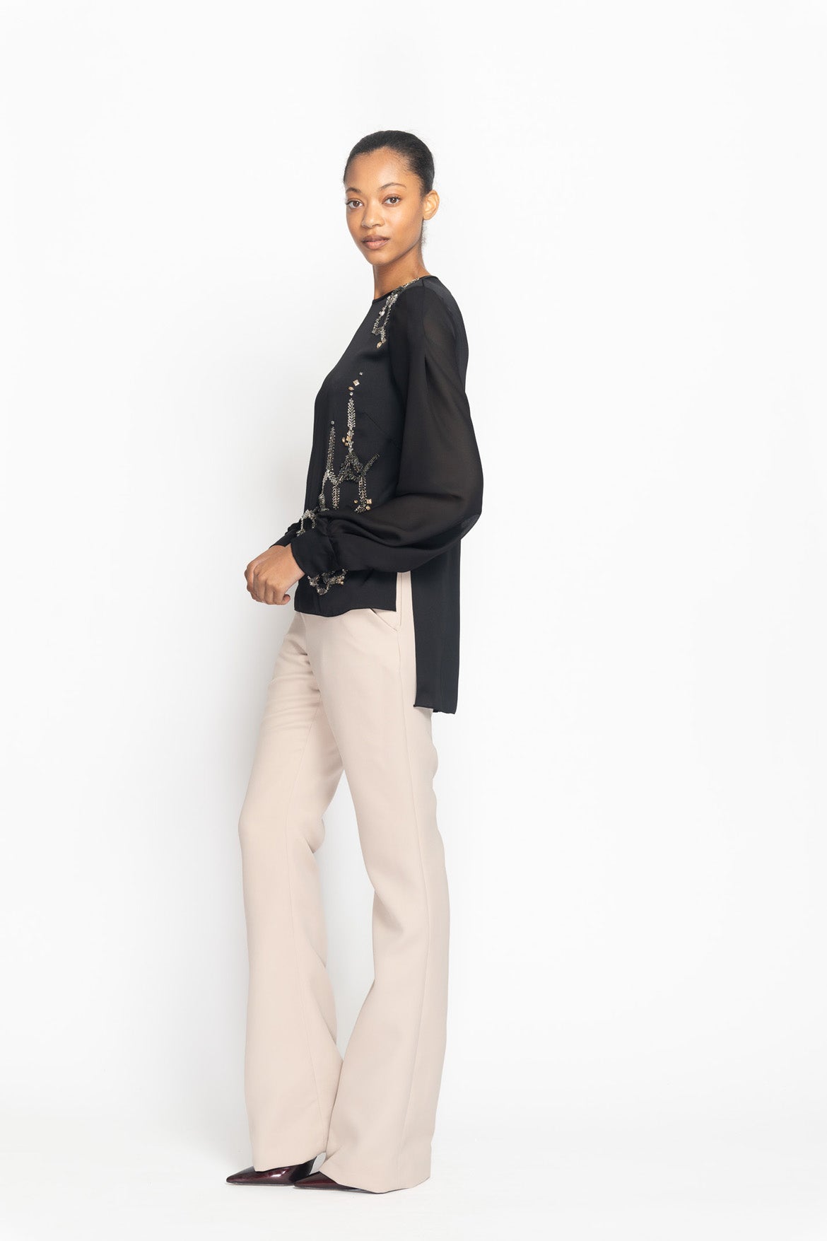 Onyx Hex Weave Embroidered Satin Crepe Blouse Side Two