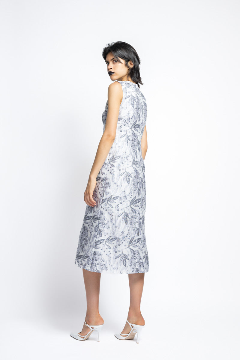 Silver Bay Leaf Jacquard With Hand Embroidery Shift Dress 5