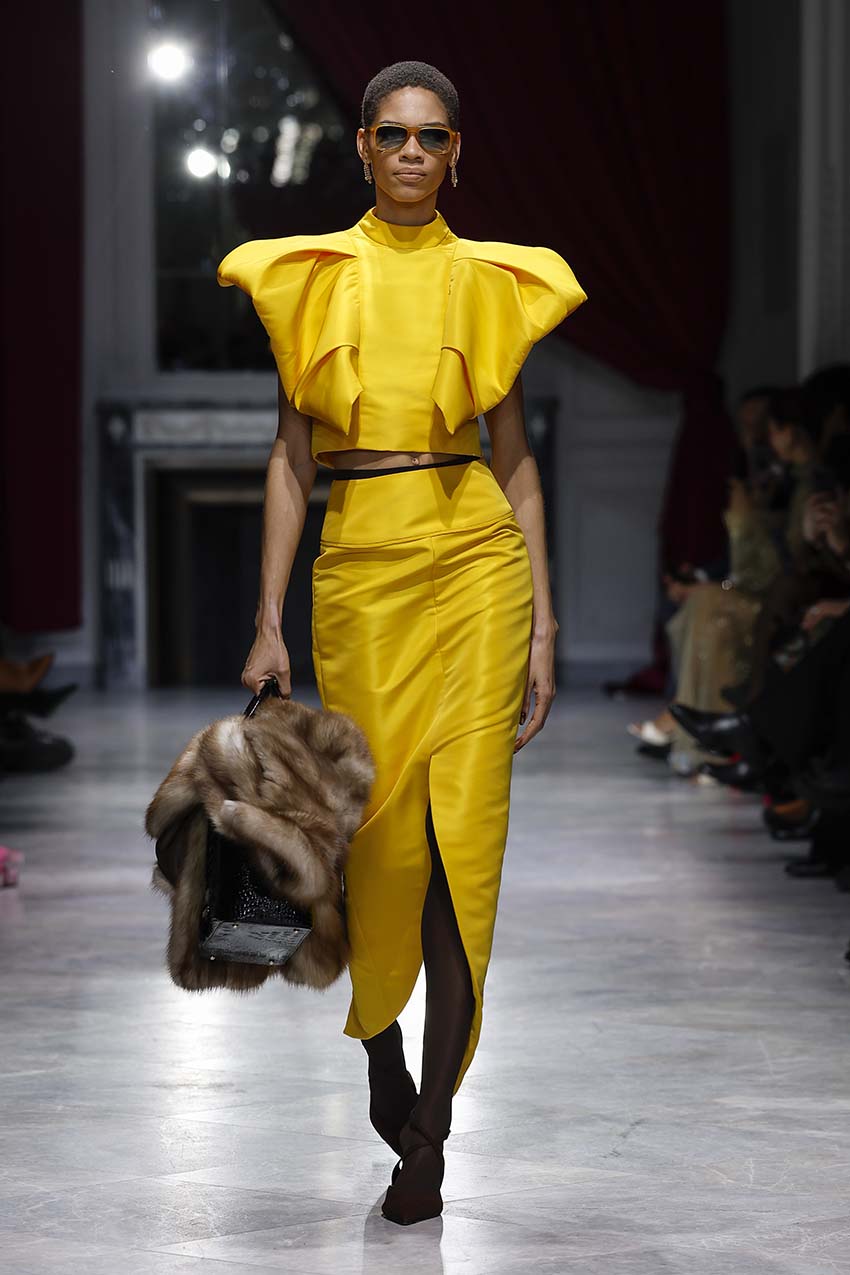 Marigold Faille Camellia Drape Top Front Runway