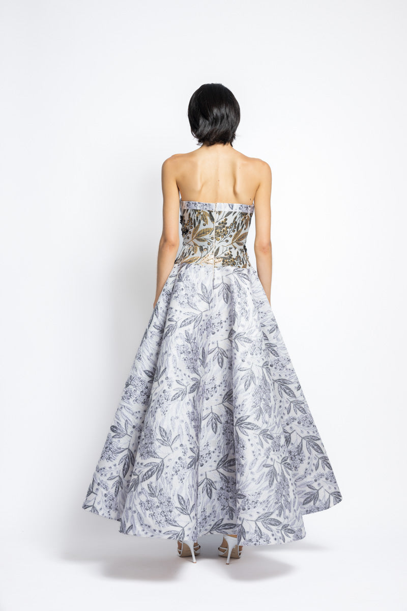 Silver Bay Leaf Jacquard Strapless Ball Gown With Gilded Bodice And Floral Embroidery 8