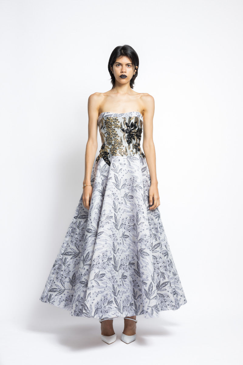 Silver Bay Leaf Jacquard Strapless Ball Gown With Gilded Bodice And Floral Embroidery 2