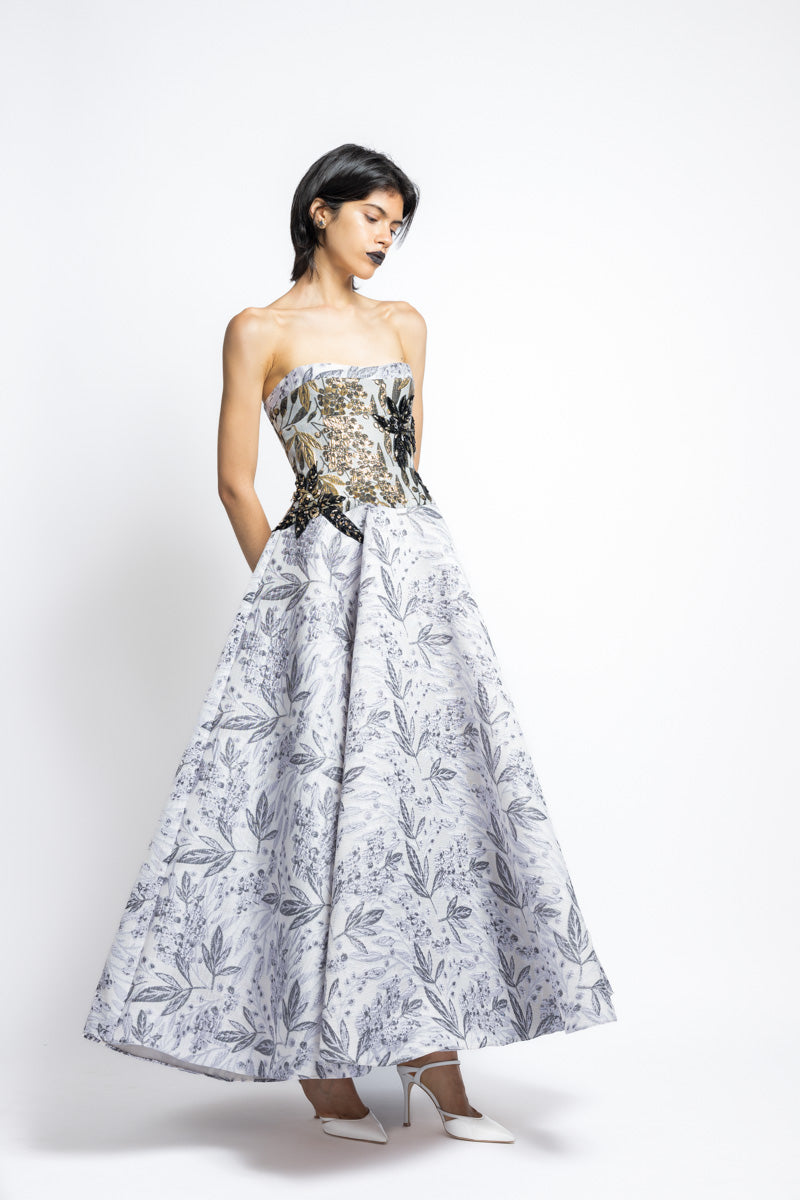 Silver Bay Leaf Jacquard Strapless Ball Gown With Gilded Bodice And Floral Embroidery 6