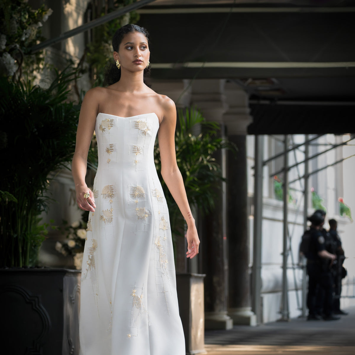 Stone Cady Strapless Cocktail Dress with Rice Plume Embroidery in Gold