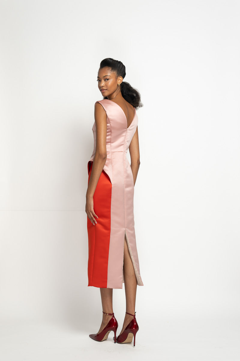 Blossom Double Face Duchess Satin Sheath Dress with Canopy Peplum 5