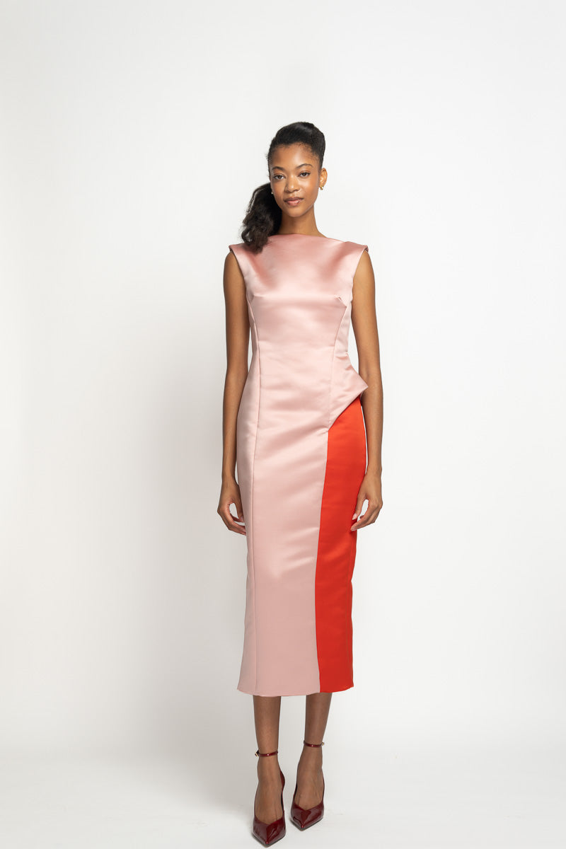 Blossom Double Face Duchess Satin Sheath Dress with Canopy Peplum 2