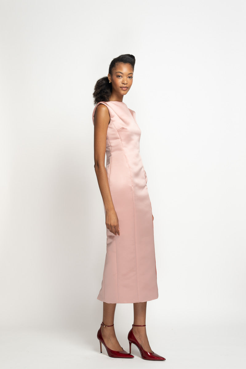 Blossom Double Face Duchess Satin Sheath Dress with Canopy Peplum 3