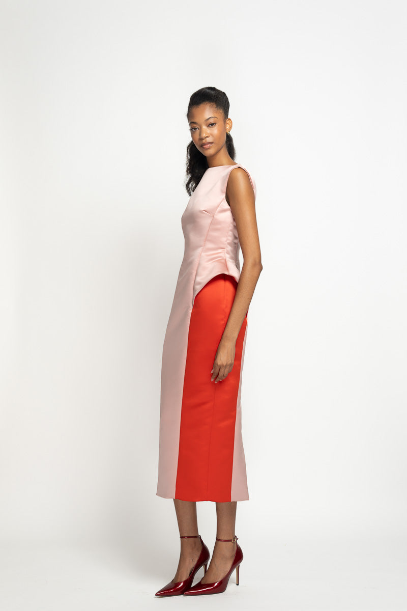 Blossom Double Face Duchess Satin Sheath Dress with Canopy Peplum 4