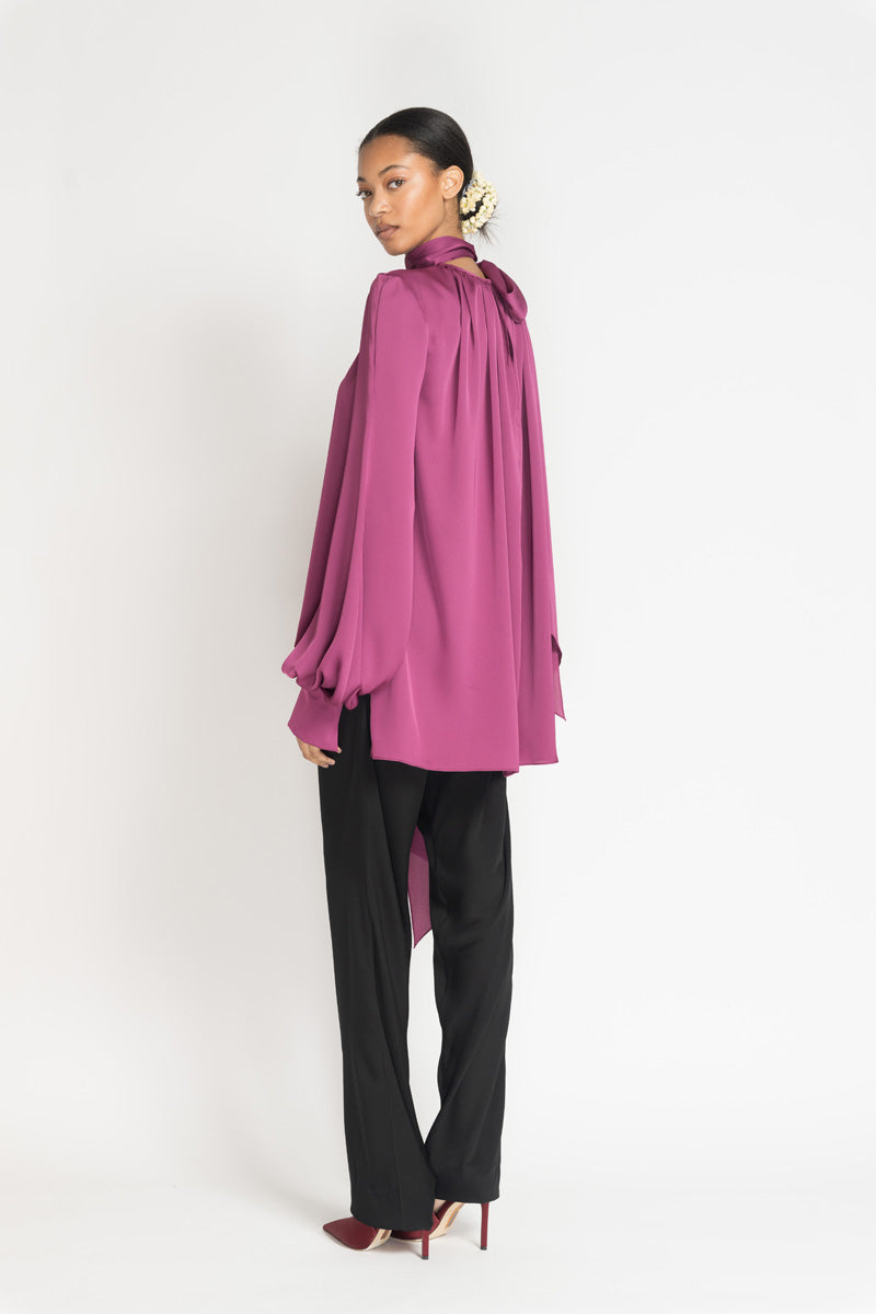 Berry Satin Crepe Blouse With Neck Tie Detail 4