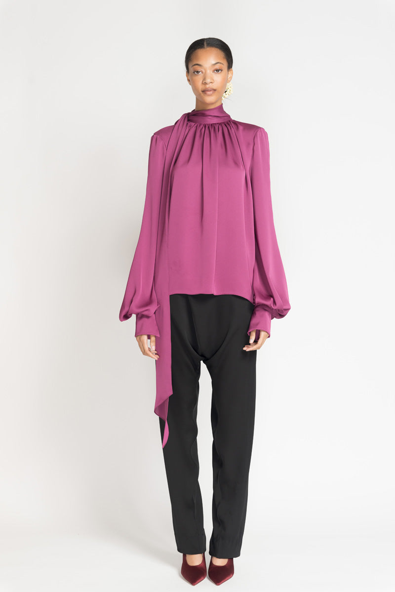 Berry Satin Crepe Blouse With Neck Tie Detail 2