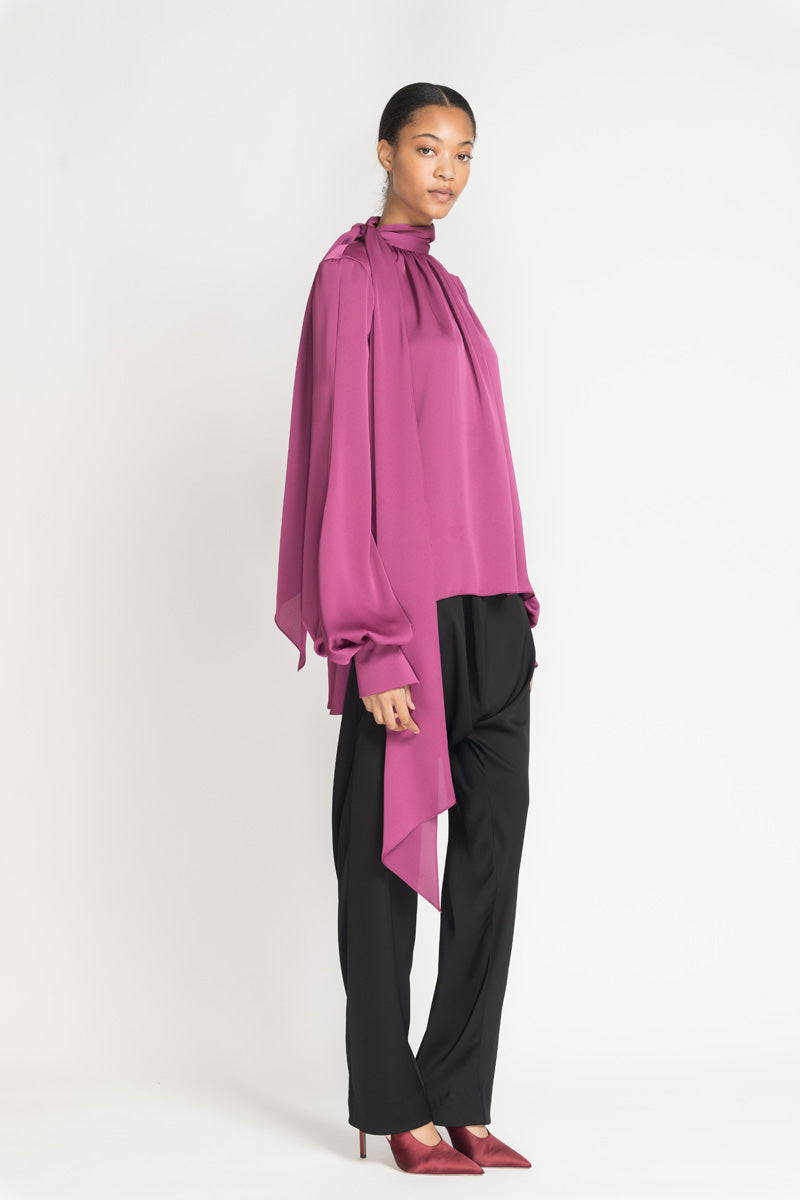 Berry Satin Crepe Blouse With Neck Tie Detail 3