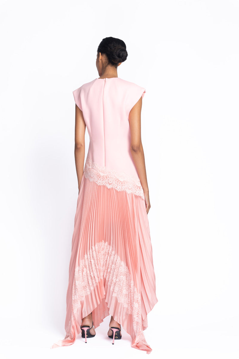 Peony Cady and Twill Dress with Pleated Skirt and Chantilly Lace Trim 5