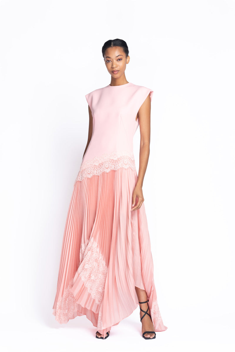 Peony Cady and Twill Dress with Pleated Skirt and Chantilly Lace Trim 2